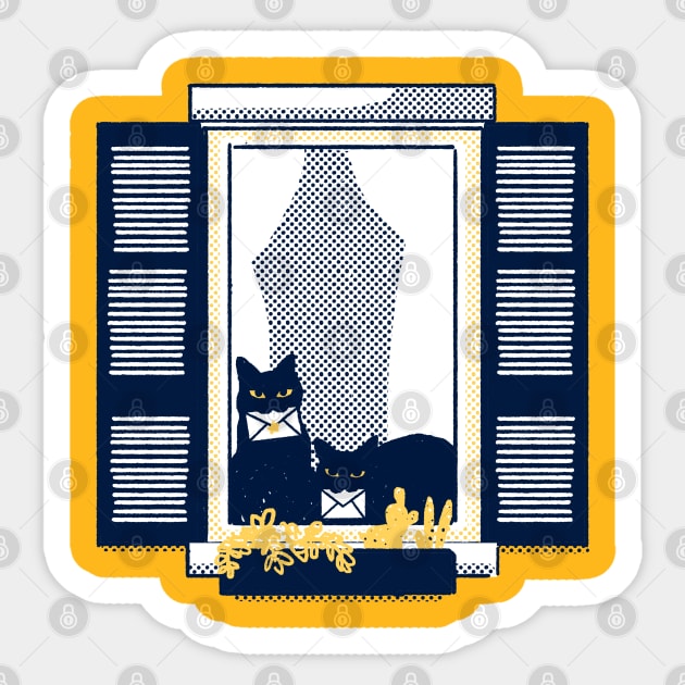 Windowsill cats - Black cat duo on a tipical italian window in a "Milano yellow" building holding le Sticker by tostoini